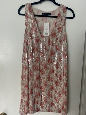 French Connection Pink and Cream Sequin Scoop-Neck Midi Dress